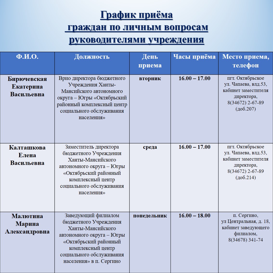 График приема граждан по личным вопросам руководителями БУ "Октябрьский районный комплексный центр социального обслуживания населения"