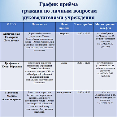 График приема по личным вопросам руководителями учреждения