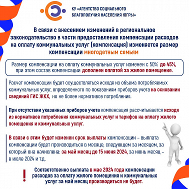 Напоминаем об изменении размера и расчёта компенсации расходов на оплату жилого помещения и коммунальных услуг многодетным семьям!