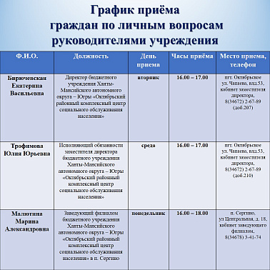 График приема граждан по личным вопросам руководителями БУ "Октябрьский районный комплексный центр социального обслуживания населения"